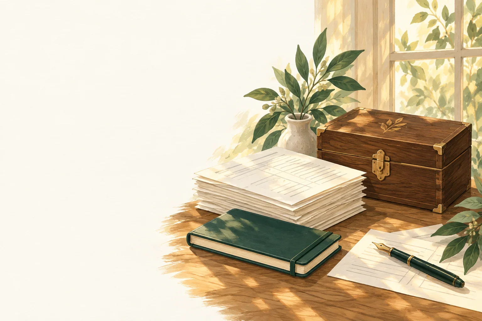 Organized statement papers and a wooden ledger coffer
