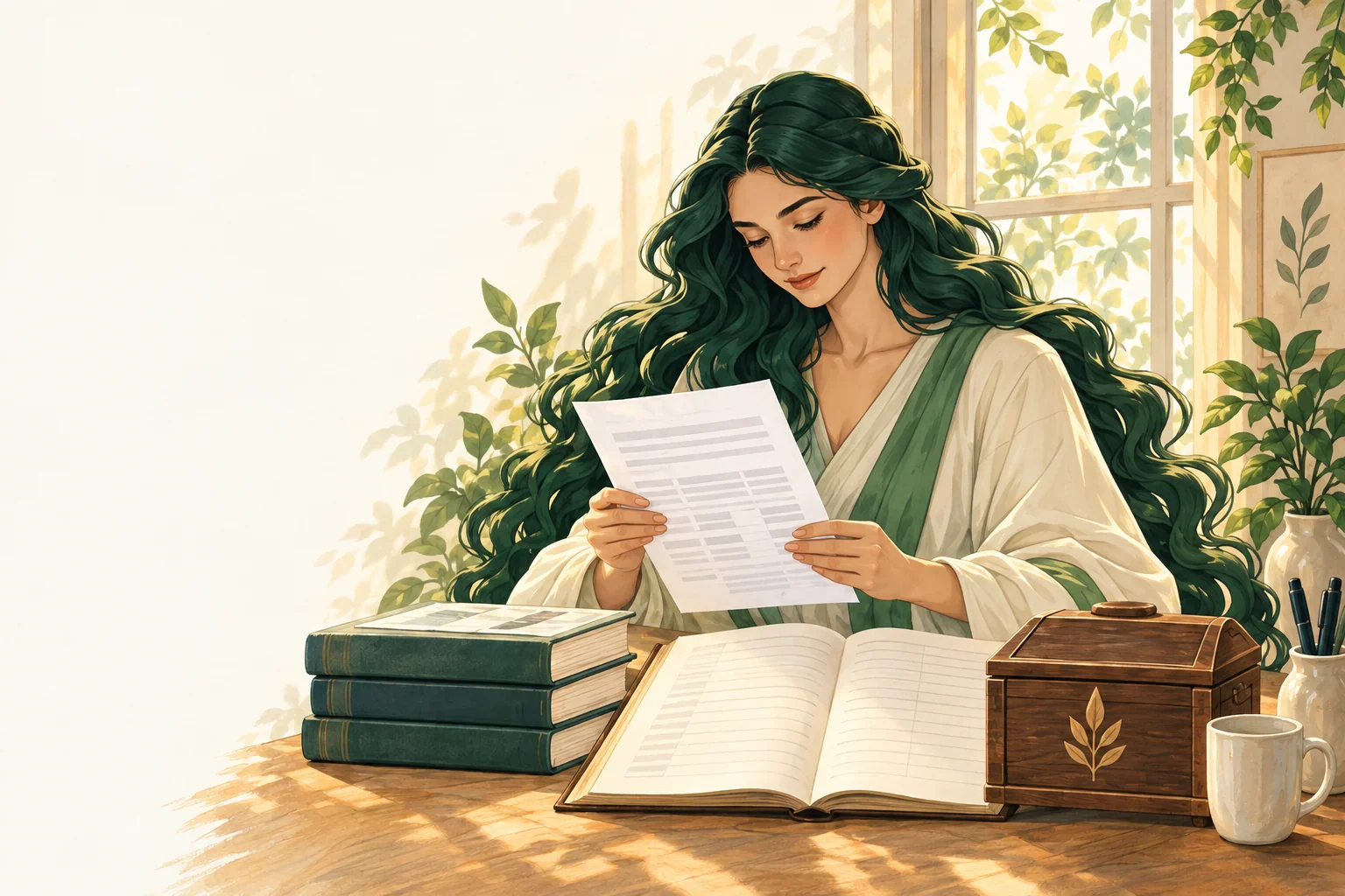 Fulla reading a statement at a sunlit desk beside an open ledger and wooden coffer